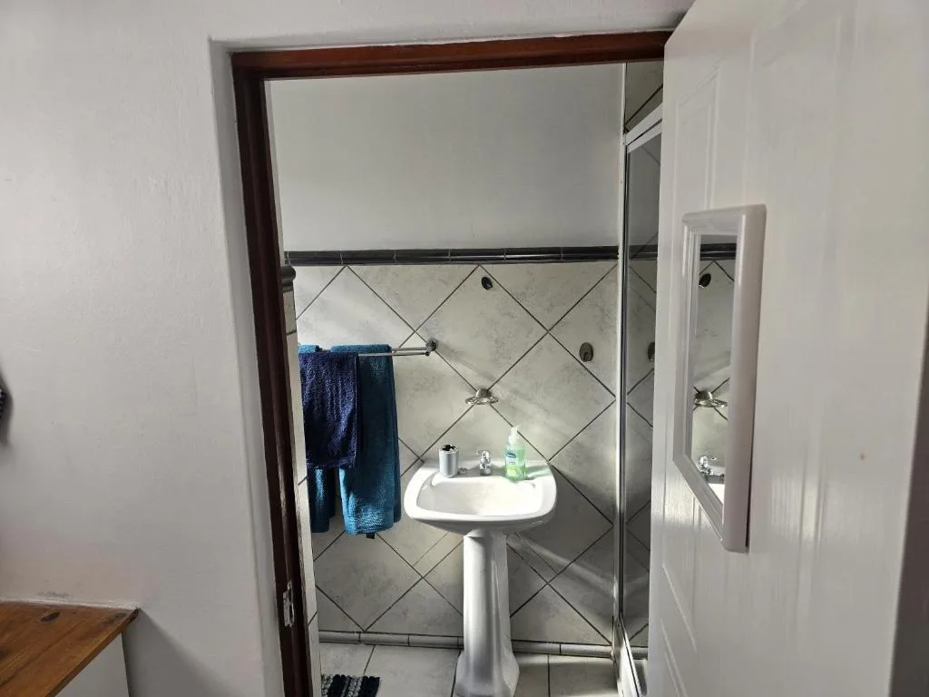 Clean bathroom with pedestal sink, tiled shower enclosure, and blue towels
