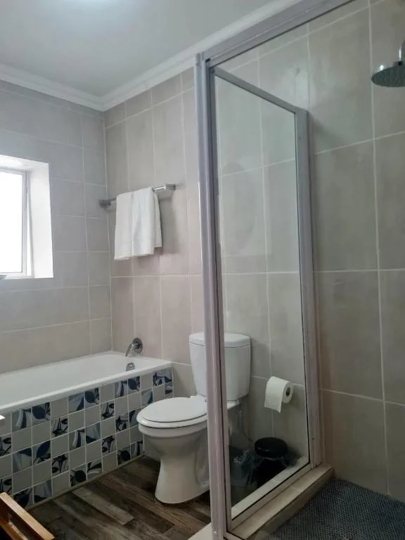 Modern bathroom with shower enclosure, toilet, and vanity basin