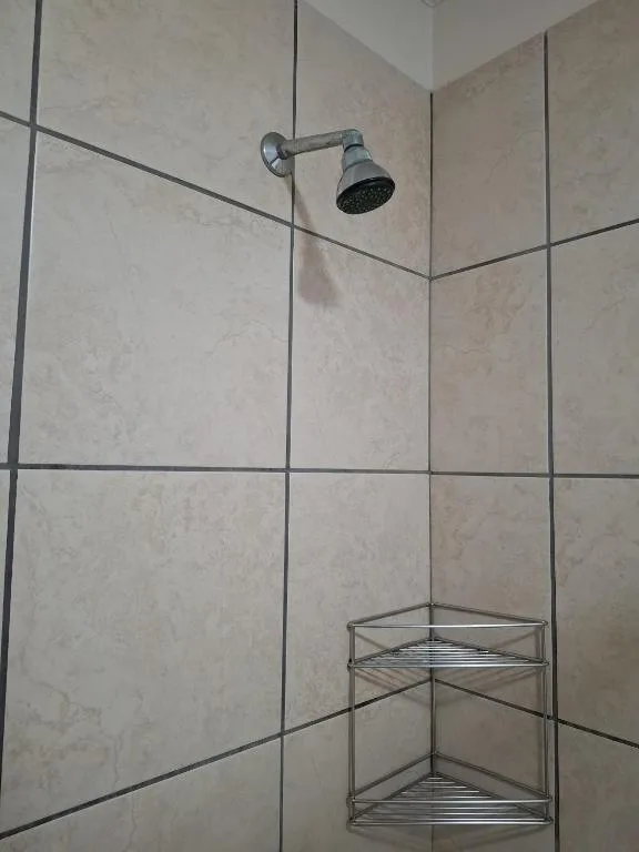 Shower enclosure with tiled walls, chrome showerhead, and corner shelf
