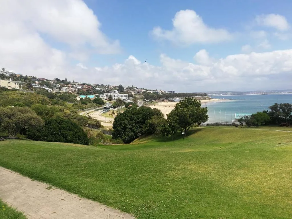 Coastal vista with turquoise ocean, sandy beach, and hillside homes