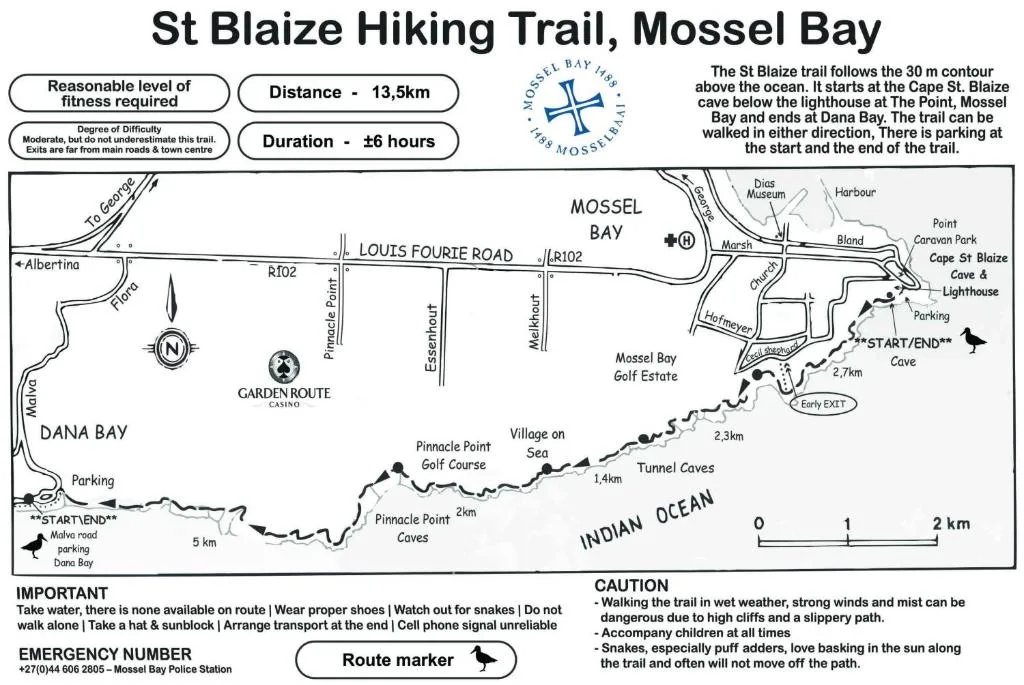 St Blaize hiking trail map showing coastal route from Cape St Blaize to Dana Bay
