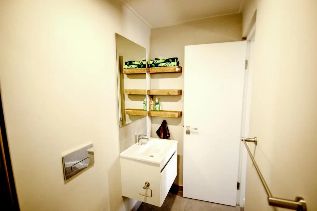 Modern bathroom with white vanity sink and wooden wall shelving above