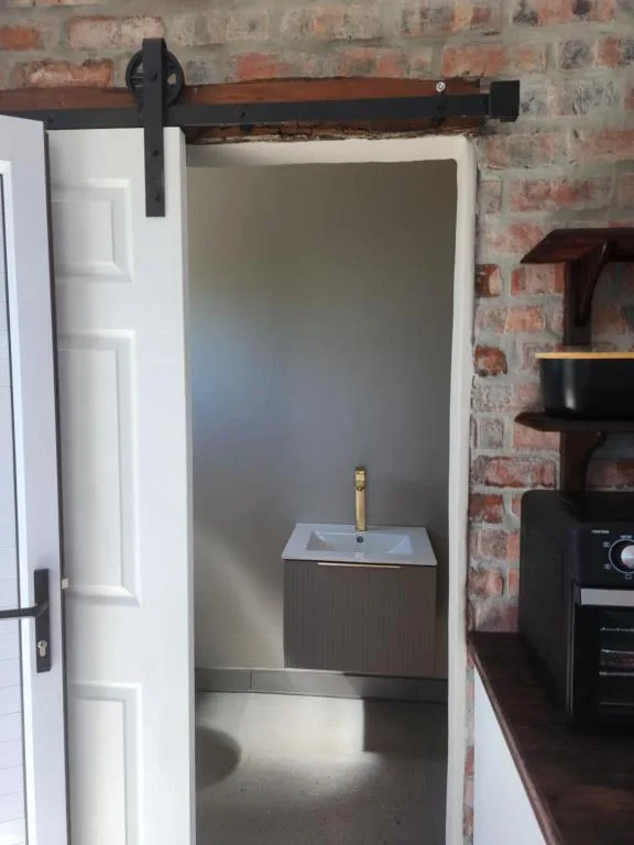 Modern bathroom vanity with brass tap fixture and sliding barn door