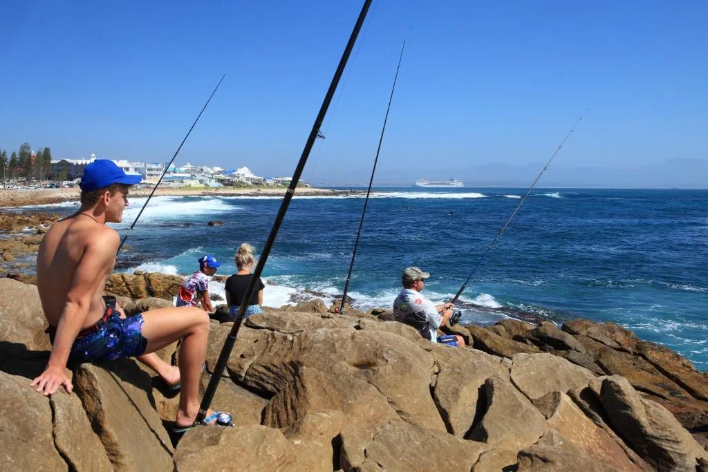 Scenic coastal view with rocky shores, ocean, and fishing activity