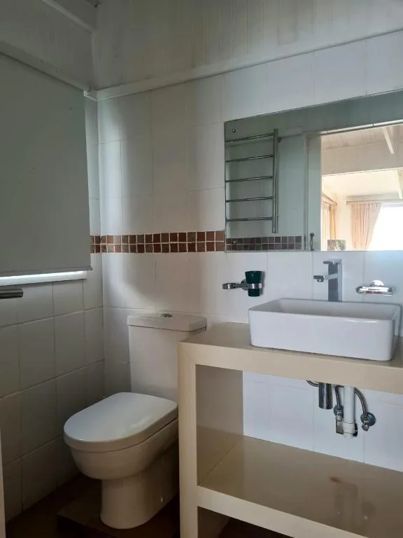 Modern bathroom with white basin sink, toilet, and heated towel rail