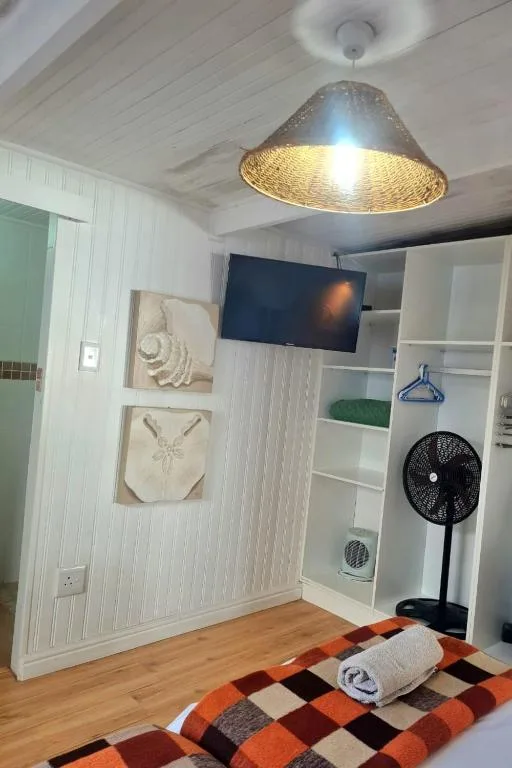 Modern bedroom with bed, wall art, TV, shelving, and pendant lighting