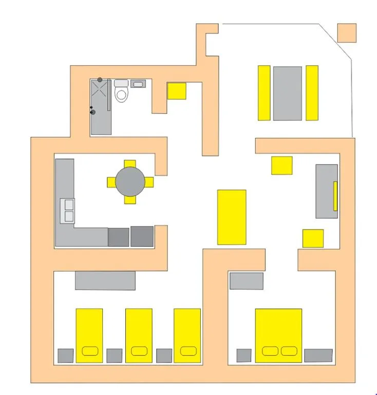 Floor plan layout showing multiple bedrooms, bathrooms, kitchen, and living areas