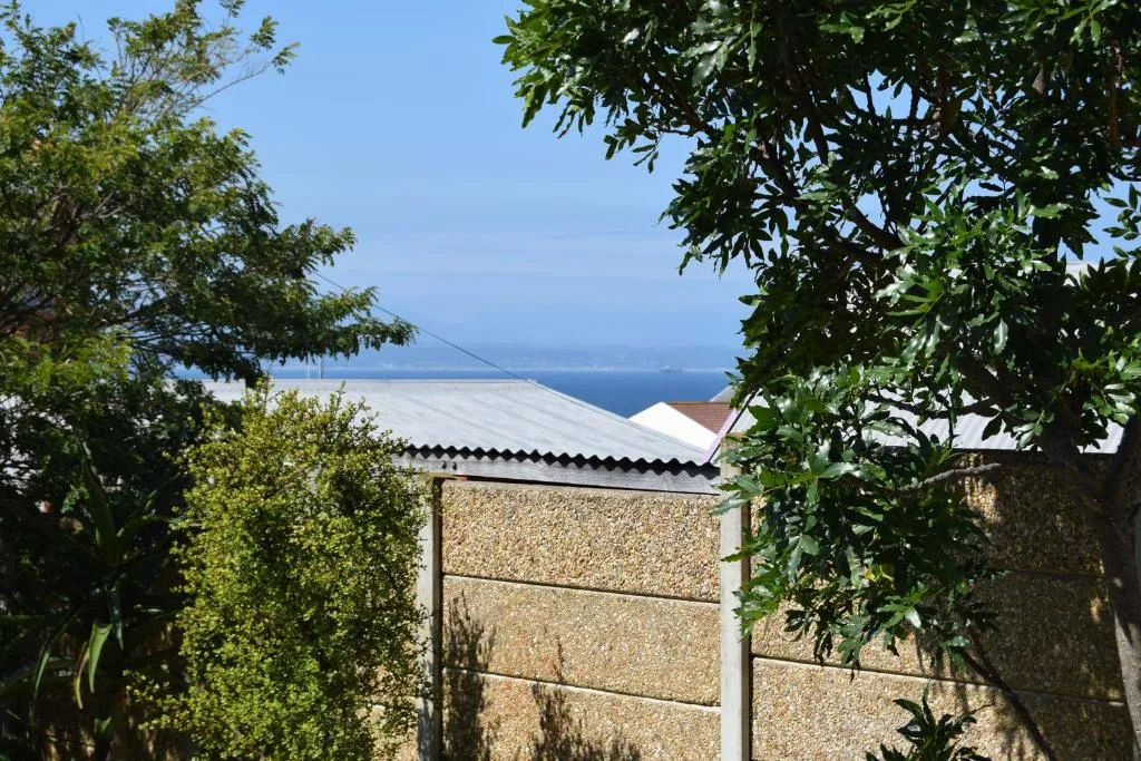 Ocean and coastal vista framed by lush green vegetation and property walls