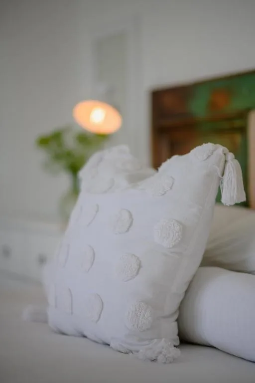 White decorative pillow with textured pattern and tassel trim on bed