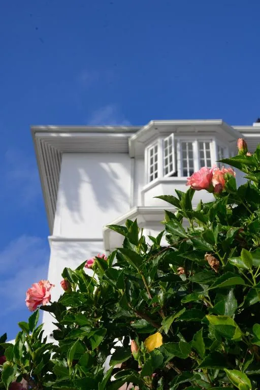 White villa exterior with bay windows and pink flowering shrubs