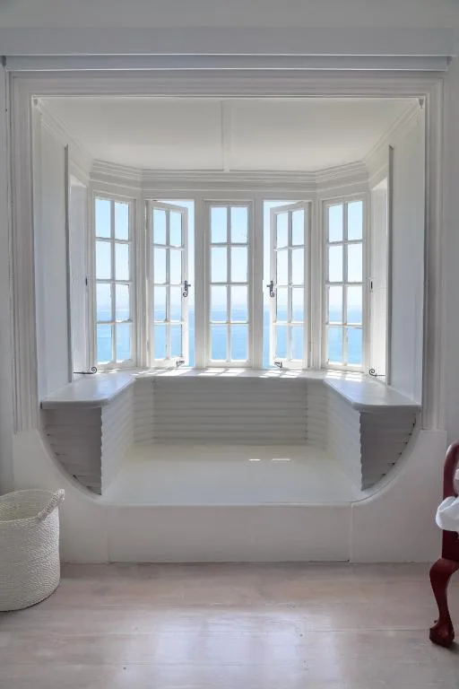 Panoramic ocean view through curved bay windows from interior seating area
