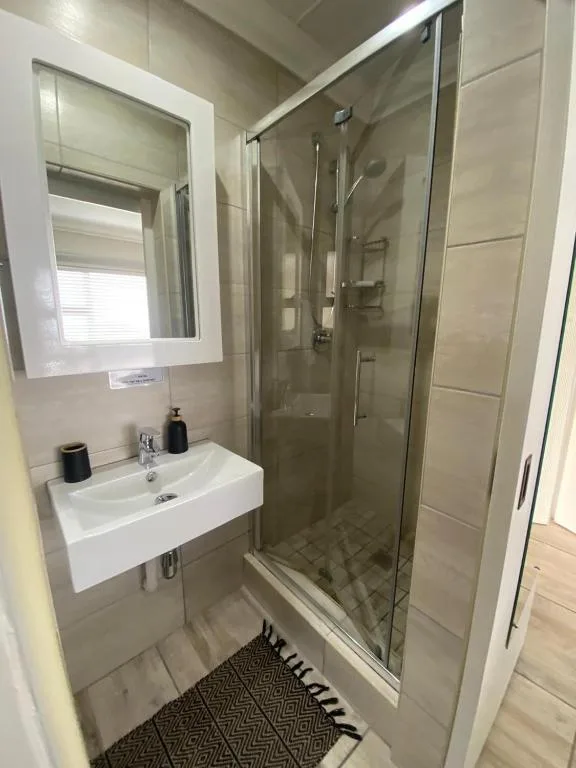 Modern bathroom with glass shower enclosure, white sink, and mirror cabinet