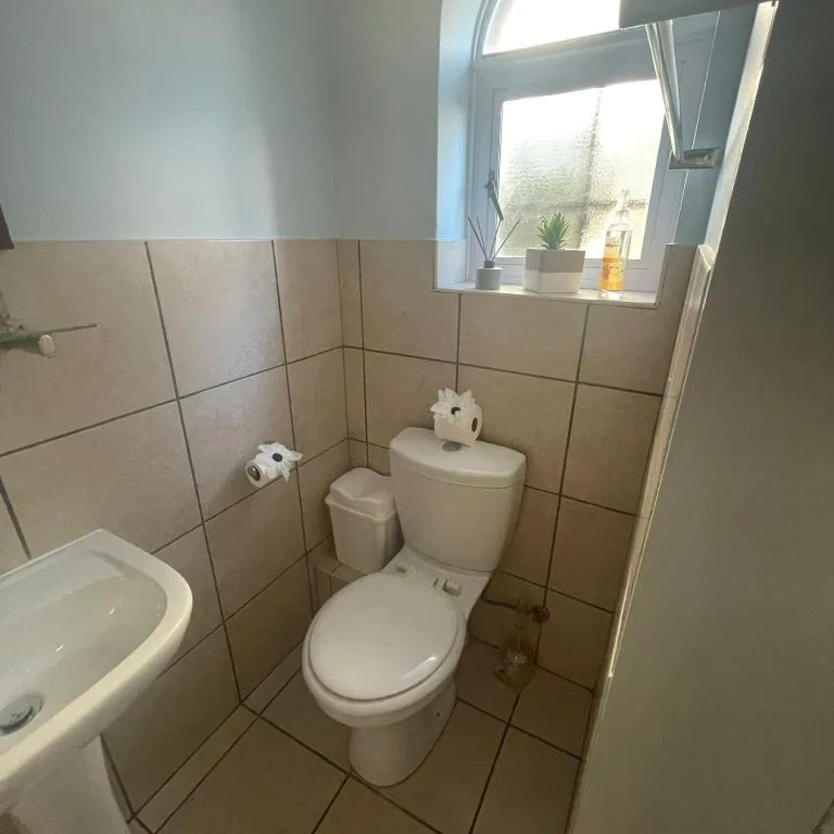 Clean bathroom with toilet, sink, and tiled walls with window