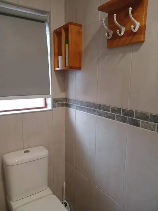 Modern bathroom with toilet, wooden storage cabinet, and tiled walls