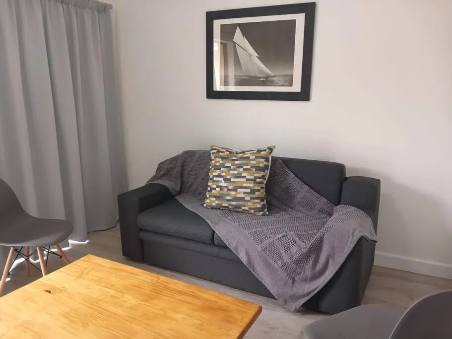 Black sofa with cushions and throw blanket in comfortable living room