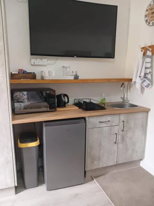 Compact kitchenette with sink, fridge, wooden counter and wall-mounted TV
