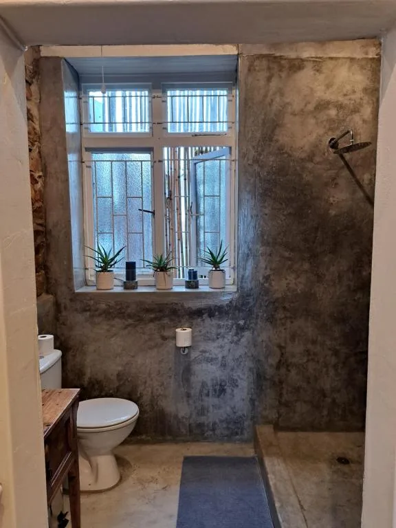 Modern bathroom with concrete walls, toilet, window with plants, and shower area