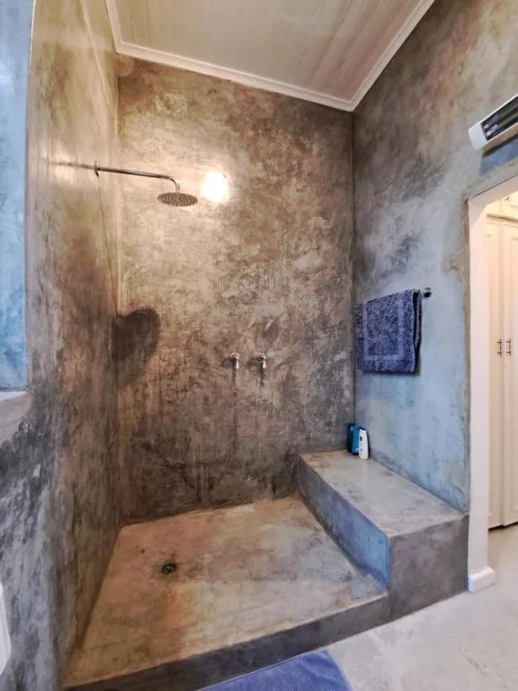 Modern walk-in shower with rainfall showerhead and concrete finishes