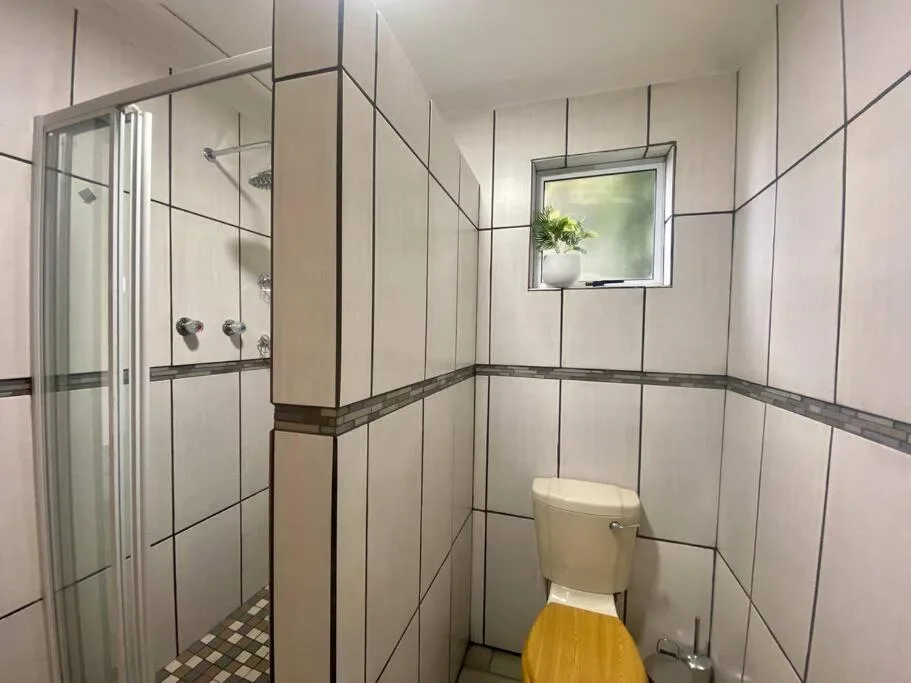 Modern bathroom with walk-in shower, toilet, and tiled walls