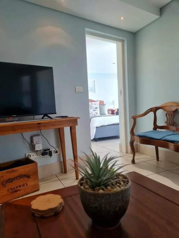 Bright lounge with TV, wooden furniture, and ocean views through glass doors