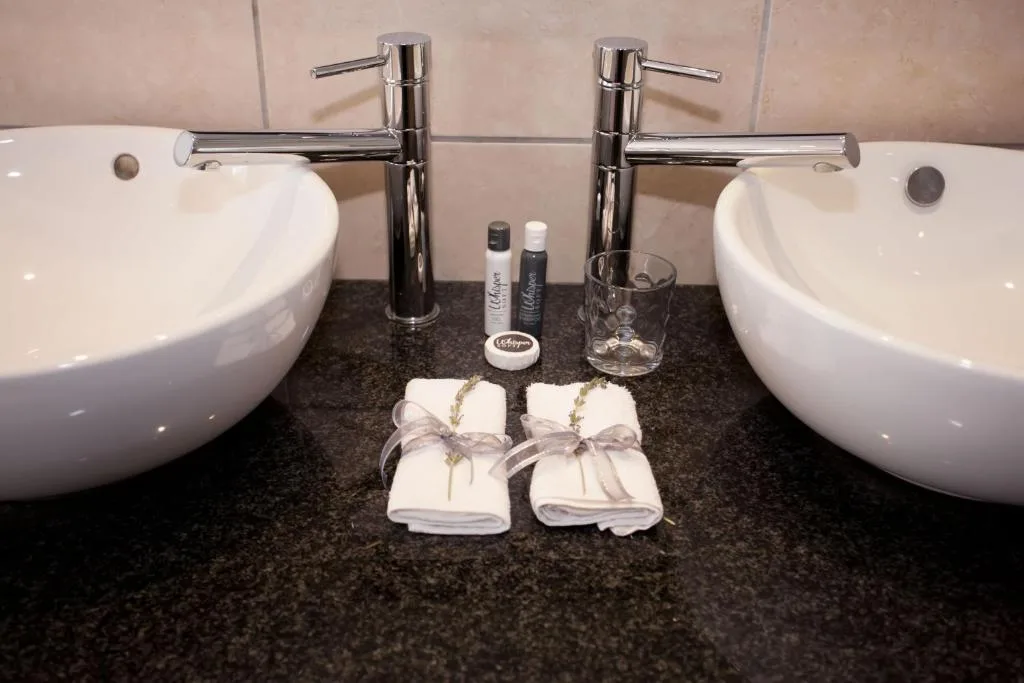 Dual vanity sinks with chrome faucets and rolled towels on dark countertop