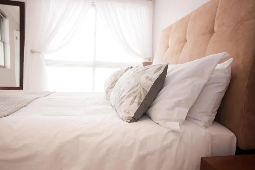 Bright bedroom with upholstered headboard and white pillows, natural light streaming through window