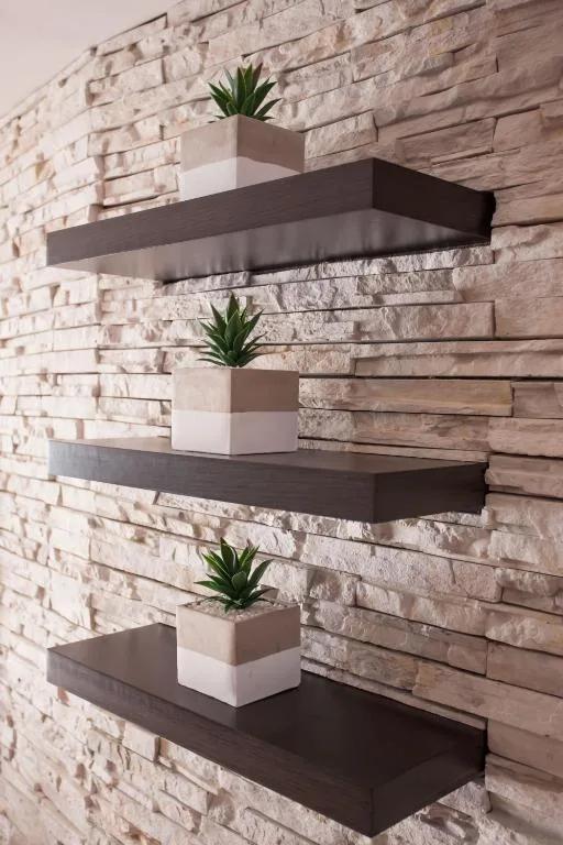 Modern floating shelves with potted succulents on textured brick wall