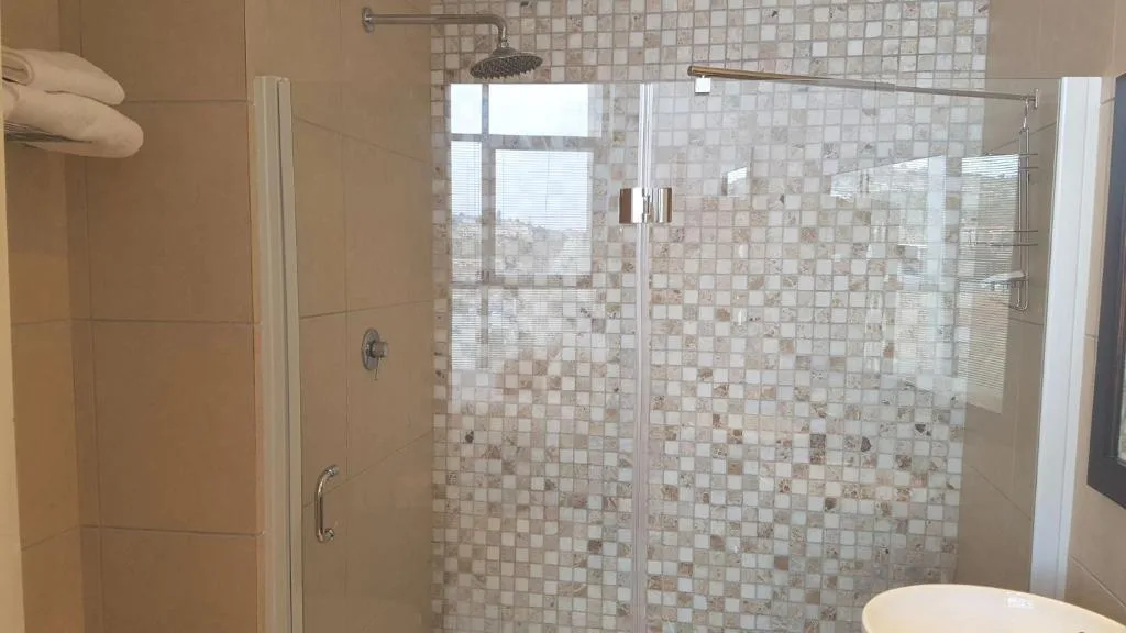 Modern bathroom with mosaic tile shower enclosure and rainfall showerhead