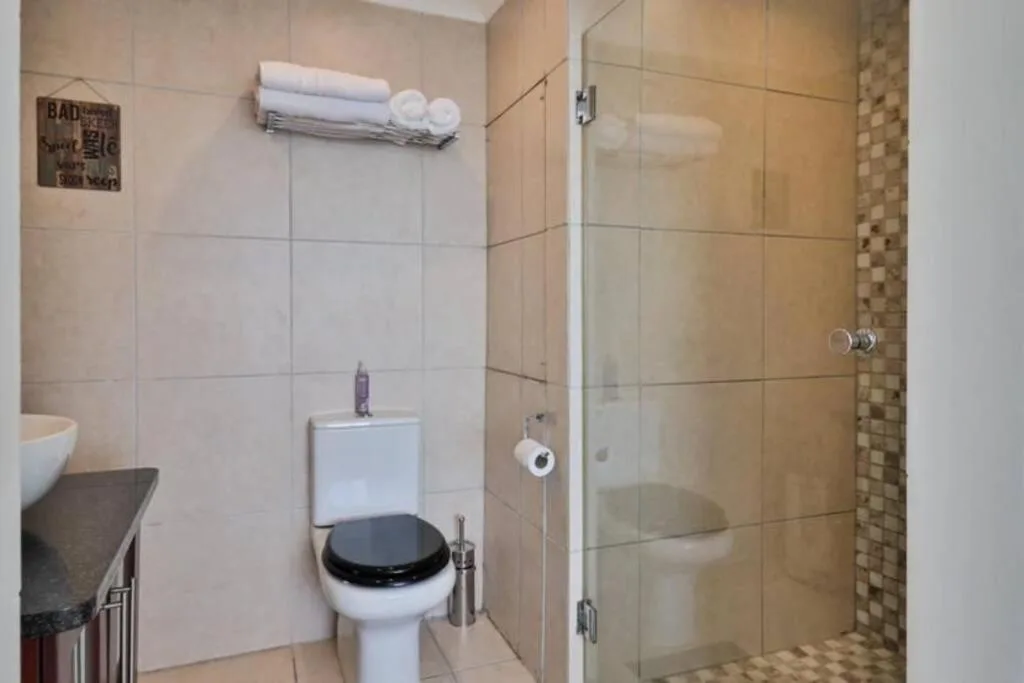 Modern bathroom with walk-in shower, toilet, and heated towel rack