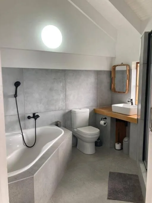 Modern bathroom with bathtub, toilet, vessel sink, and skylight