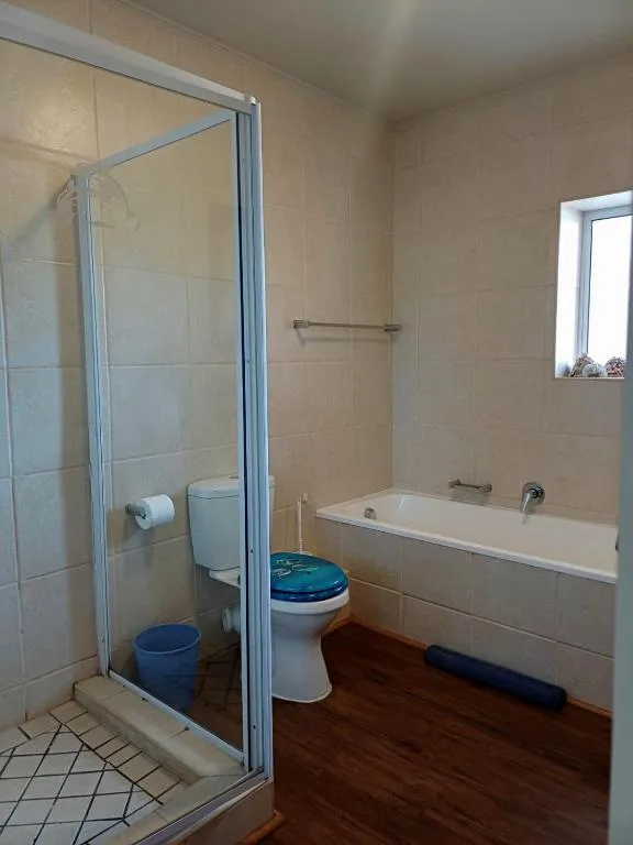 Modern bathroom with glass shower enclosure, toilet, and white bathtub