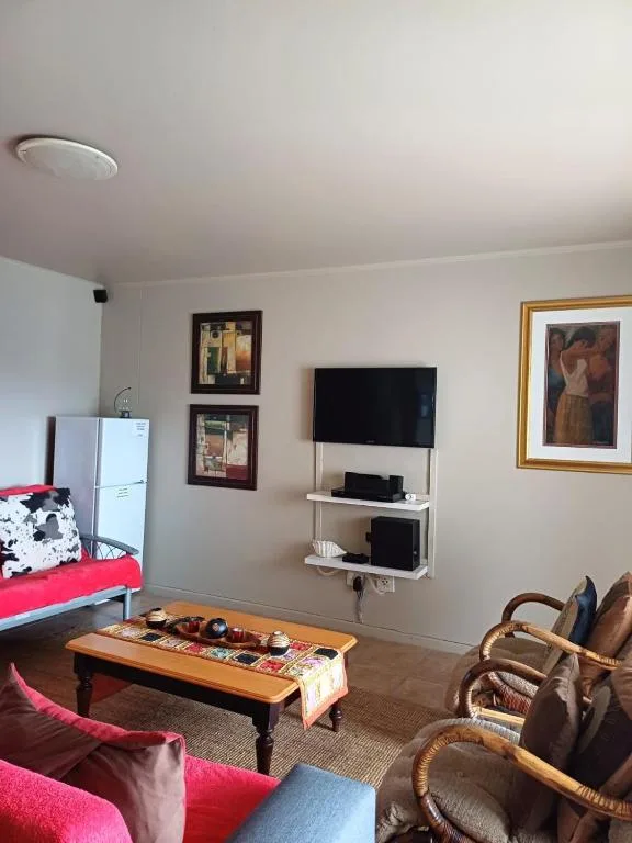 Open-plan living room with TV, colorful cushioned seating, wooden furniture