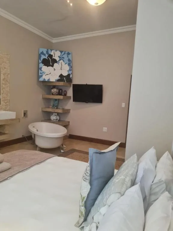 Bedroom with ensuite bathtub, TV, and modern wall shelving decor