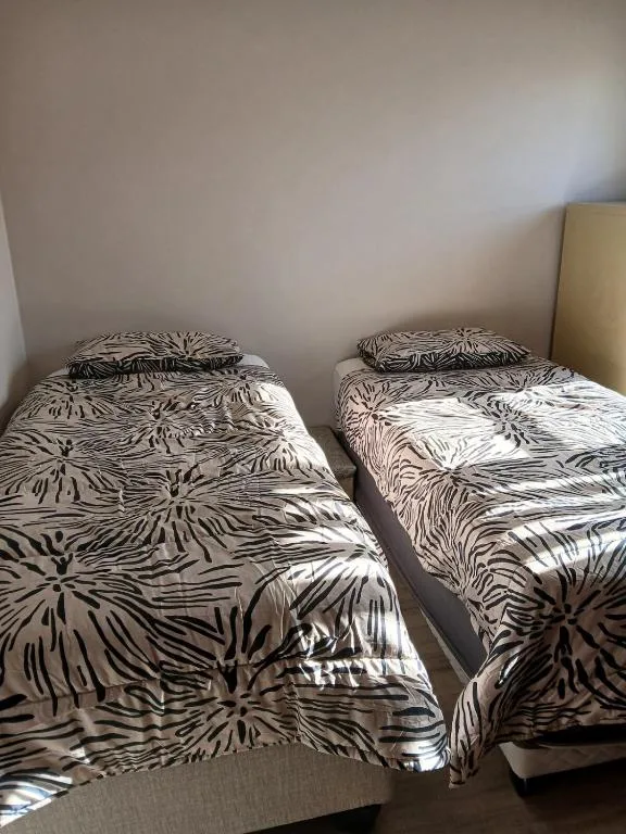 Two beds with zebra-striped bedding in bright, minimalist bedroom