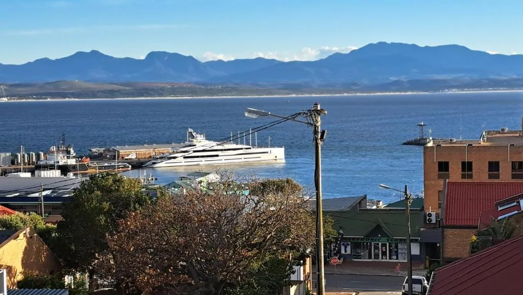 Scenic coastal vista with mountains, bay, and moored vessels