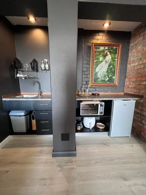 Modern kitchenette with sink, microwave, fridge, and decorative framed artwork