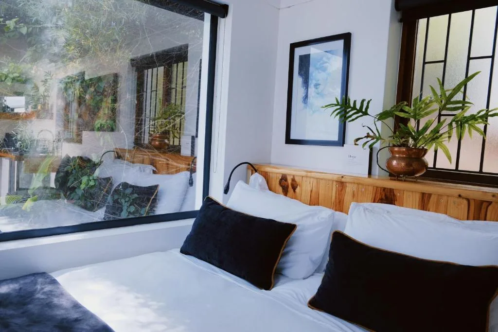 Bright bedroom with twin beds, white linens, black pillows, wooden headboard