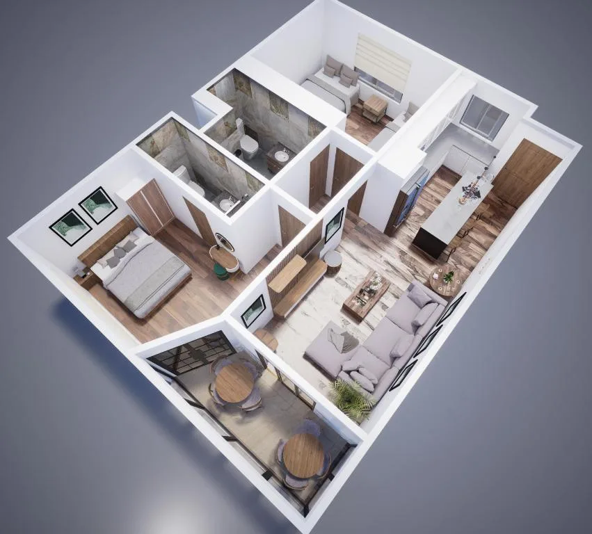 3D floor plan layout showing apartment rooms and furnishings overview