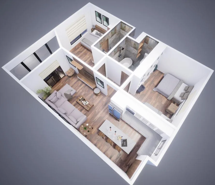 3D floor plan layout showing apartment configuration with rooms and spaces