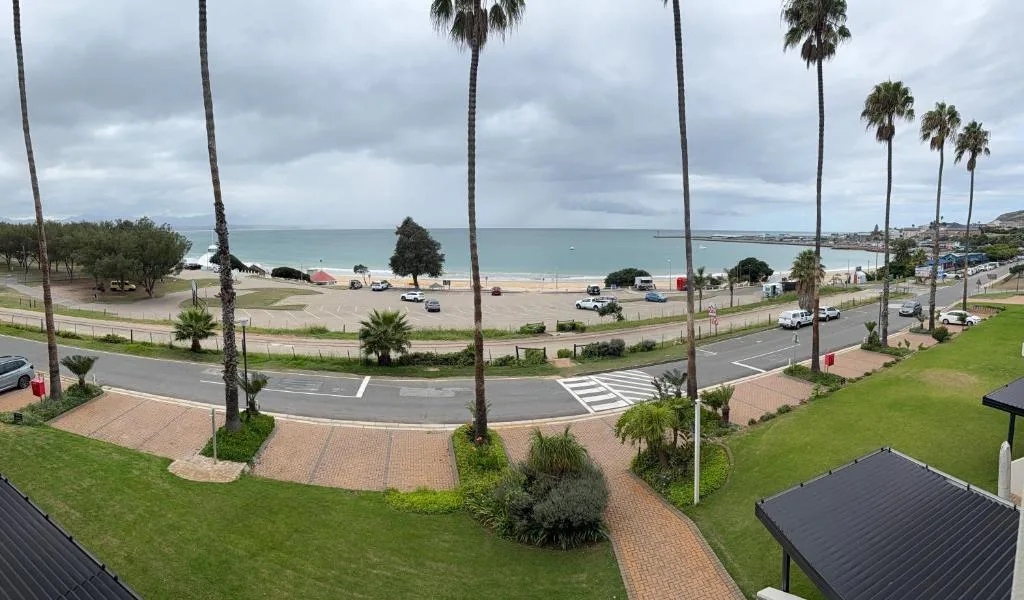 Scenic beach and bay view with palm trees and coastal town beyond