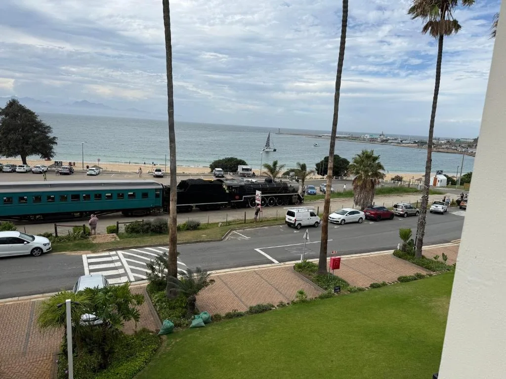 Oceanfront vista with beach, palm trees, and coastal town beyond