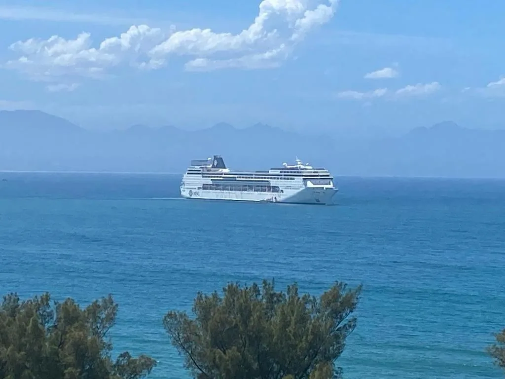 Cruise ship on blue ocean with mountains and vegetation in foreground