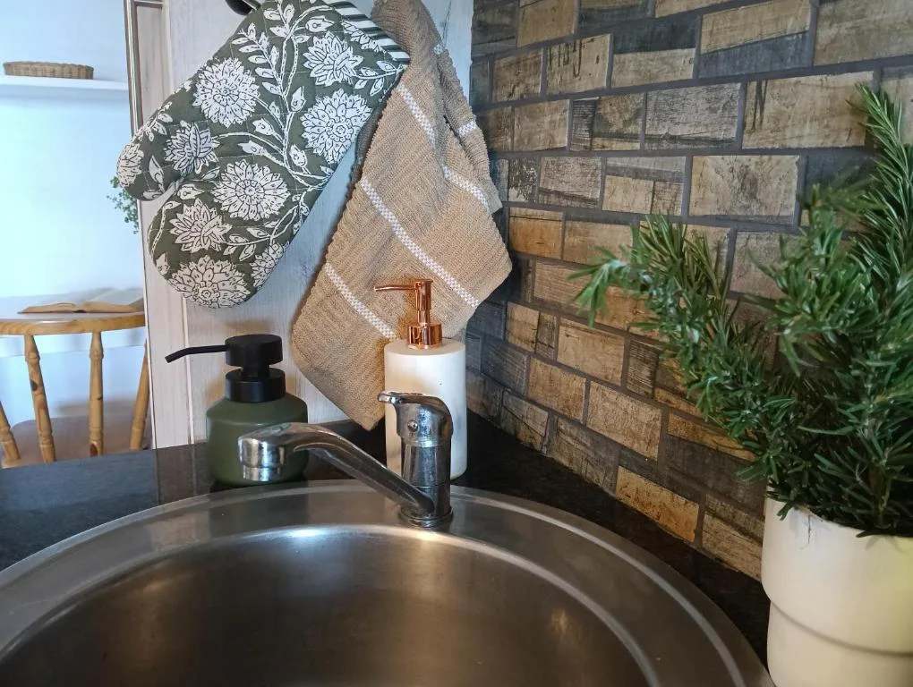 Bathroom sink with decorative towels and potted plant details