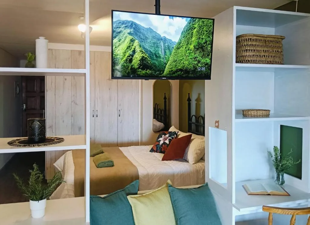 Modern bedroom with mounted TV, bed with colorful pillows, built-in storage shelving