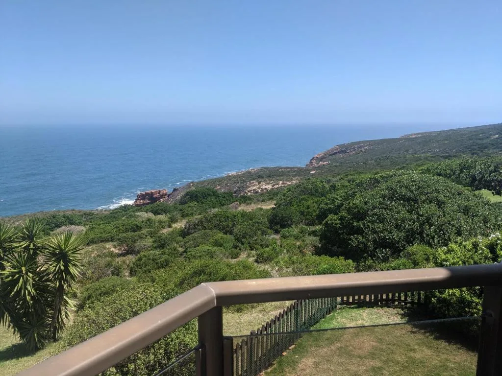 Panoramic coastal vista with lush vegetation, cliffs, and ocean from deck