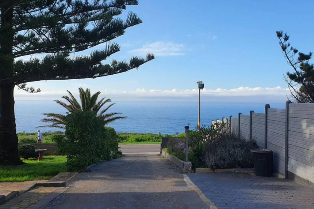 Ocean vista from property entrance with palm trees and coastal landscape