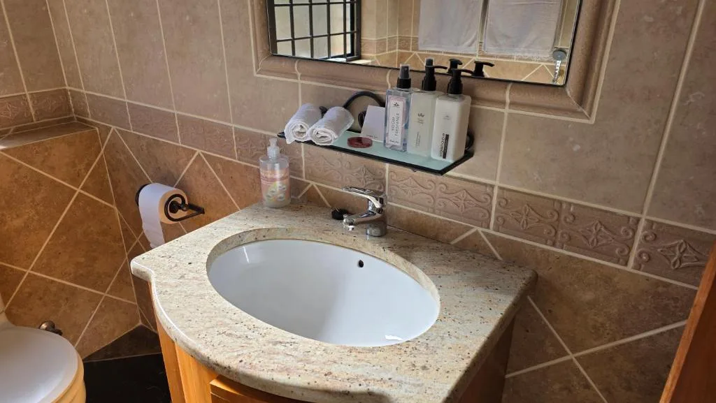 Bathroom vanity with round sink, mirror, and amenity toiletries displayed