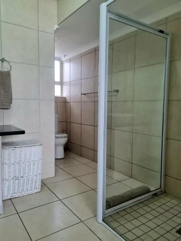 Modern bathroom with walk-in shower and toilet visible in background