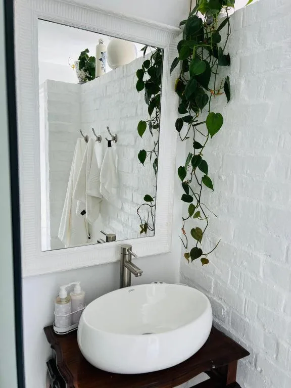 Modern bathroom with round white sink, large mirror, and trailing green plants