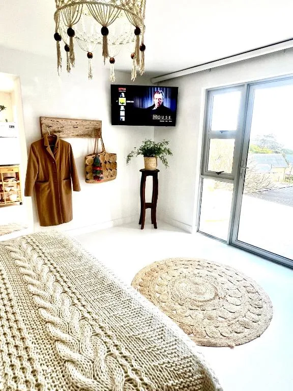 Bright bedroom with bed, TV, macramé chandelier, and garden view doors